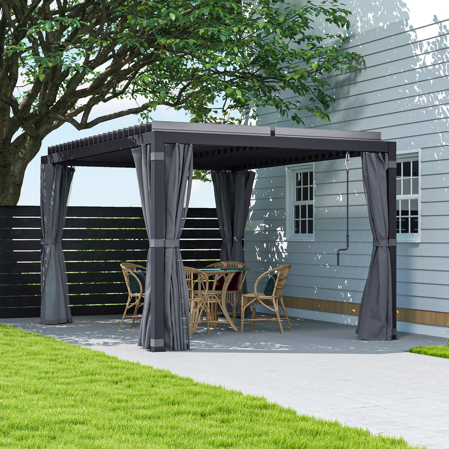 Outdoor Retractable Pergola with Louvered Roof and Curtains - Dark Gray