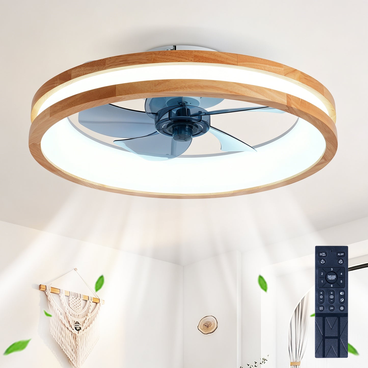 Modern Flush Mount Ceiling Fan with LED Light & Remote Control - Natural Wood White