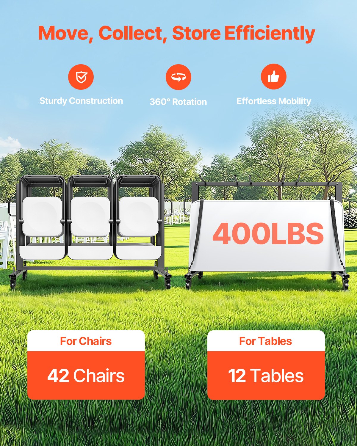 Heavy-Duty Folding Chair Rack Cart for 42 Chairs or 12 Tables - 400 Lb Capacity with Wheels
