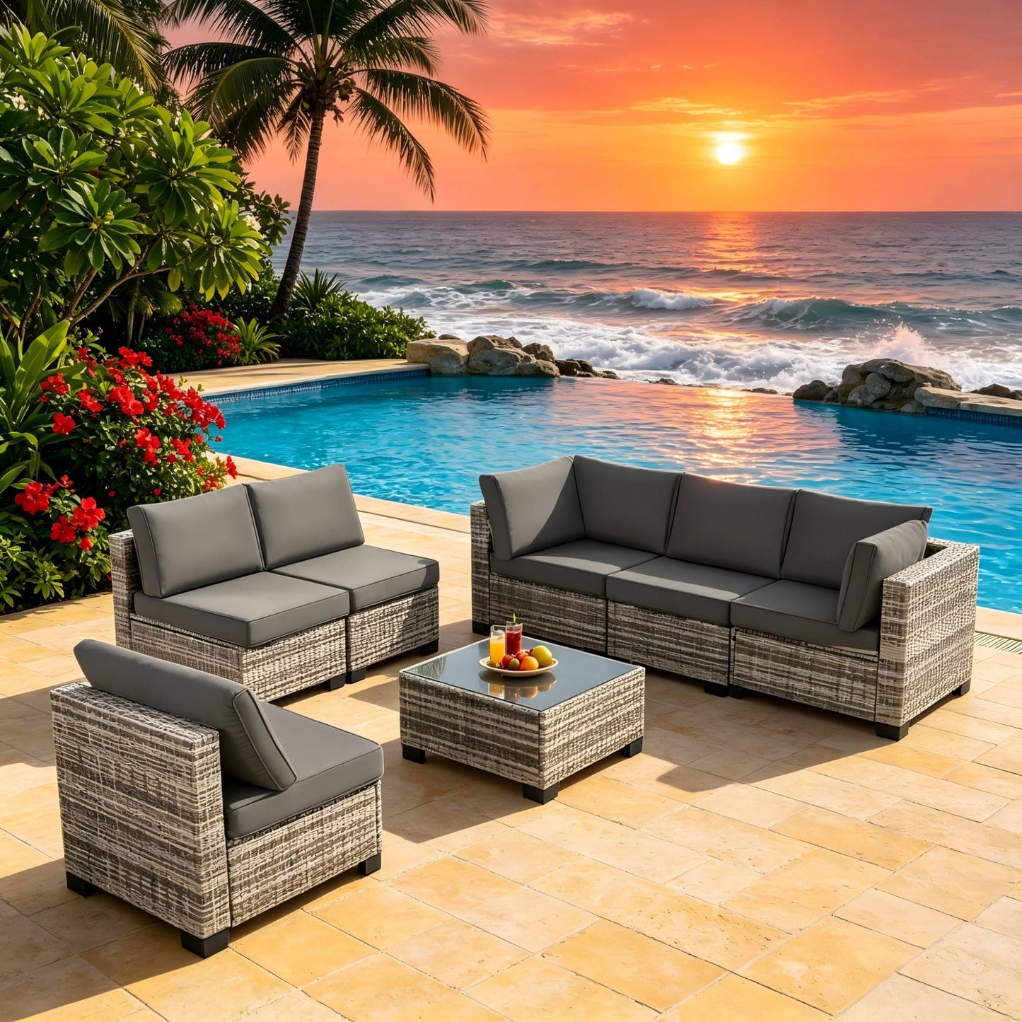 7-Piece Modular Outdoor Wicker Sectional Sofa Set with Cushions - Grey