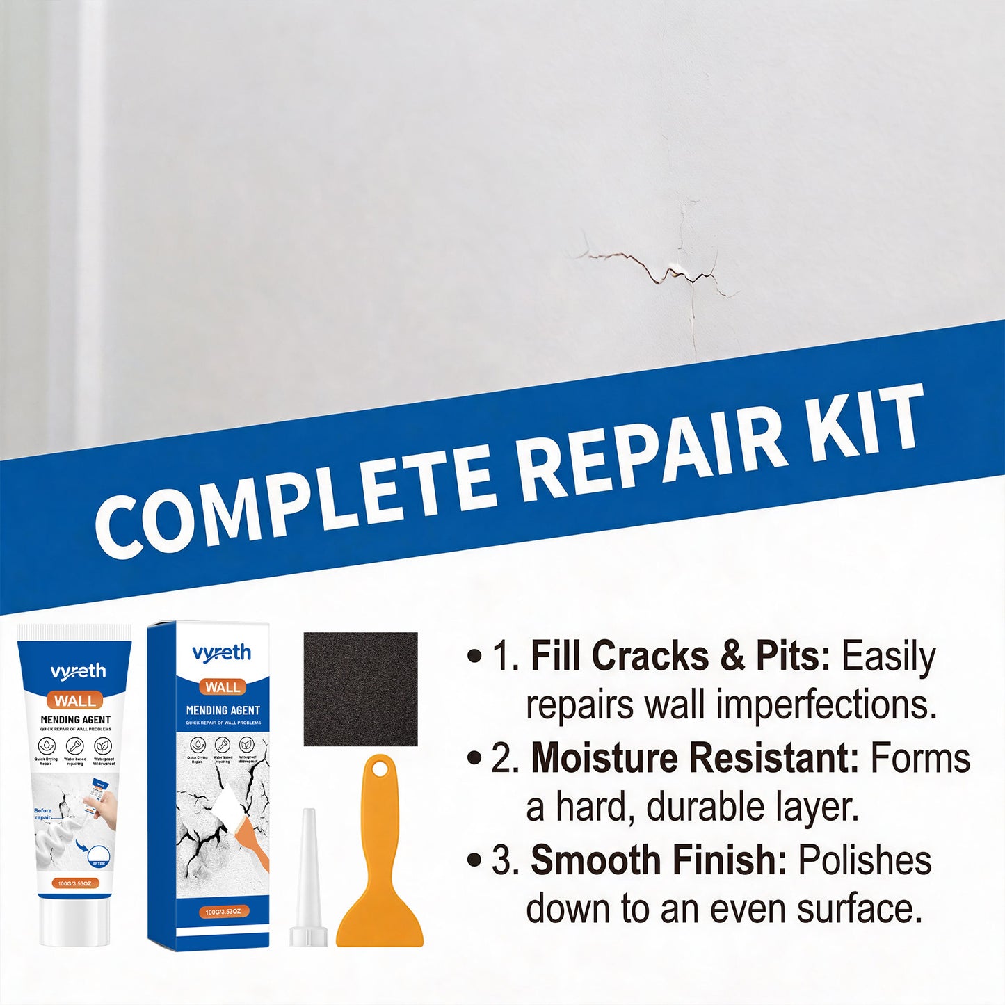 Wall Repair Paste - 100G Home Wall Fixing Compound with Scraper & Sandpaper