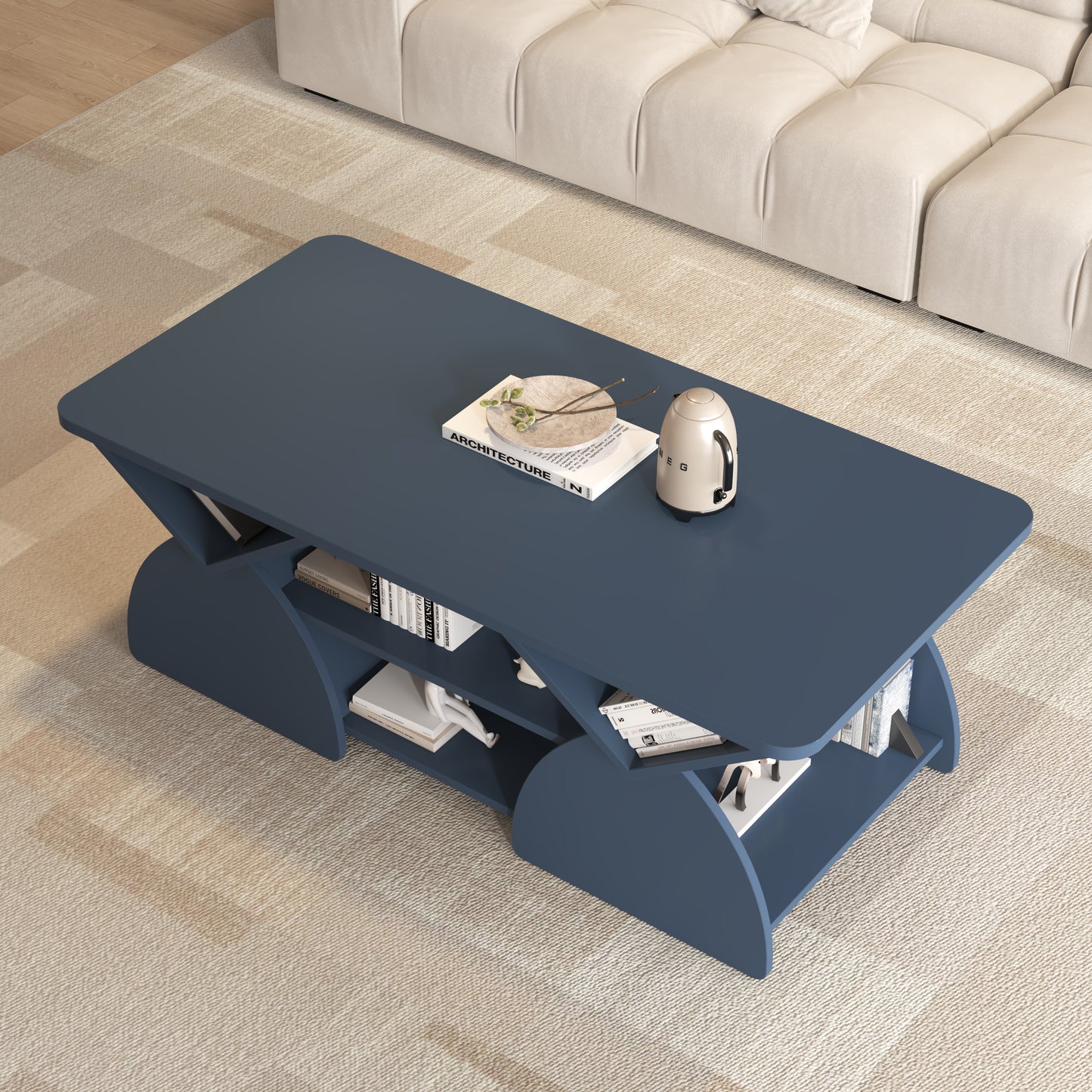 Engineered Wood Rounded Corner Rectangular Coffee Table For Living