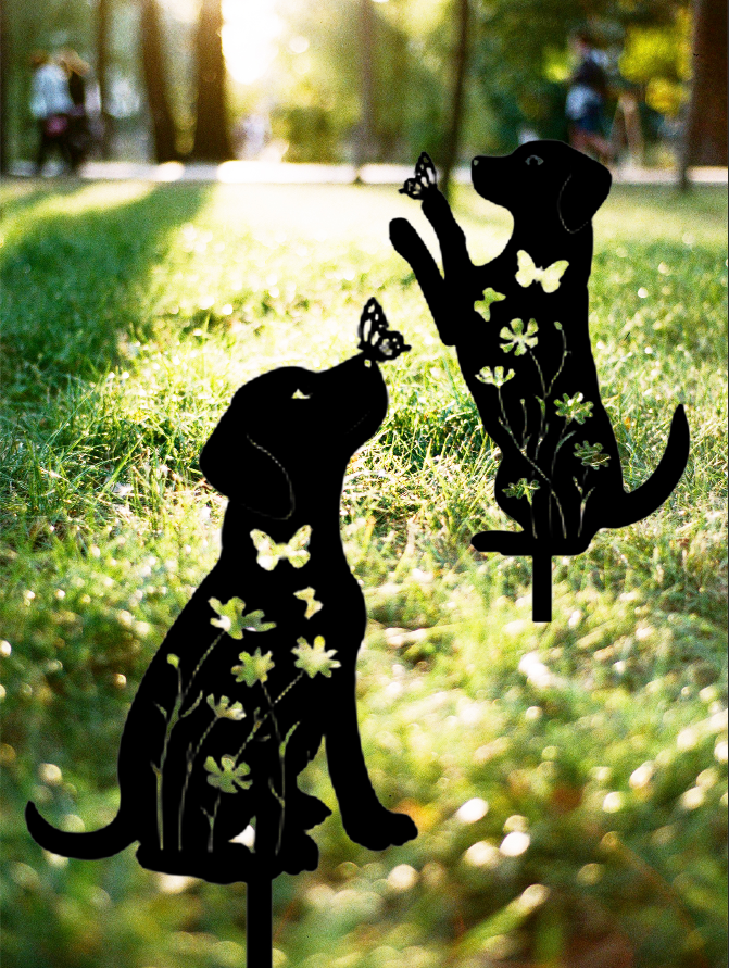 2pcs Metal Dog Garden Decor Puppy Silhouette Stakes Outdoor Yard Art