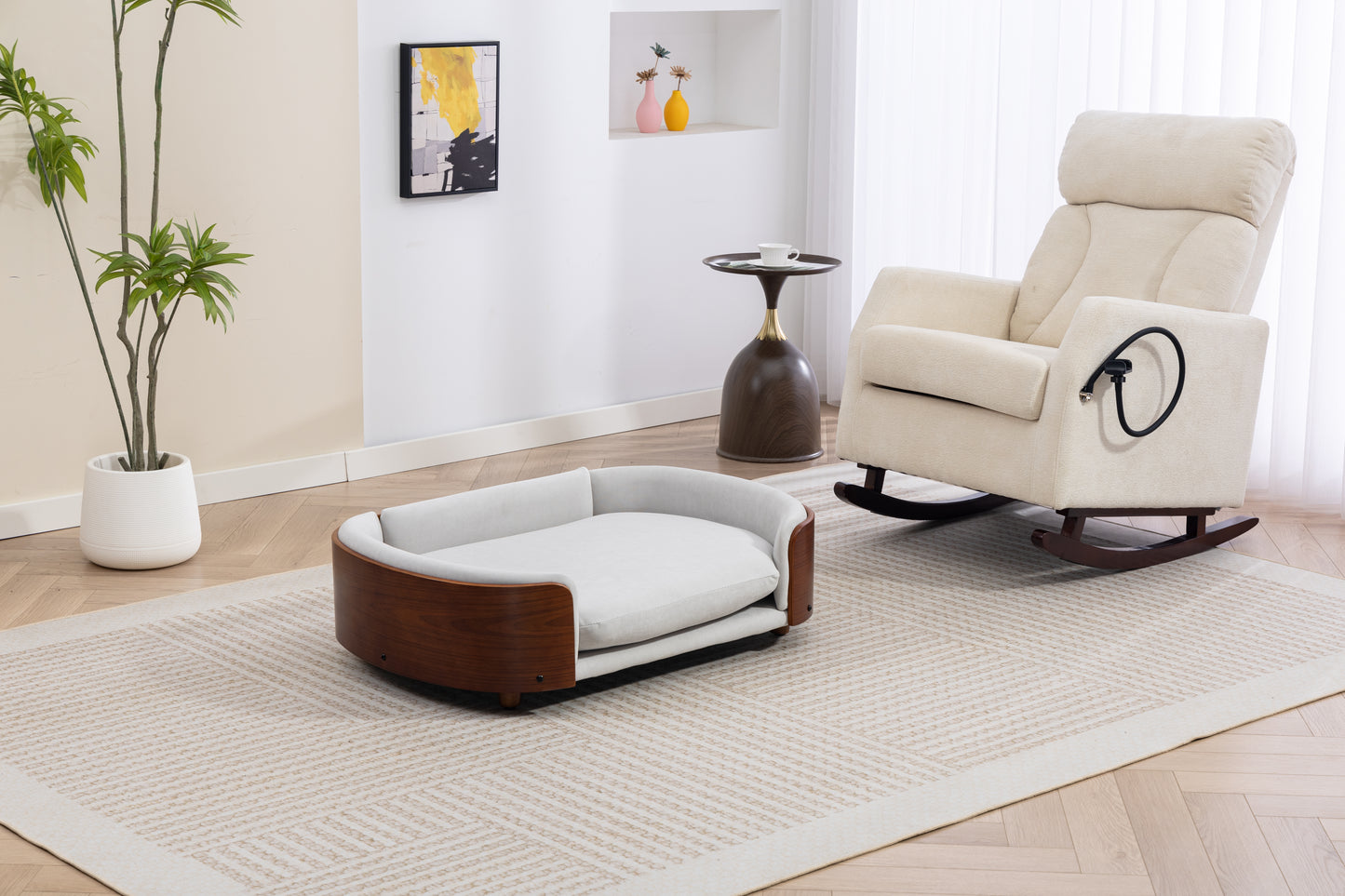 Large Elevated Dog Bed with Velvet Cushion and Solid Wood Legs - Scandinavian Style Pet Sofa