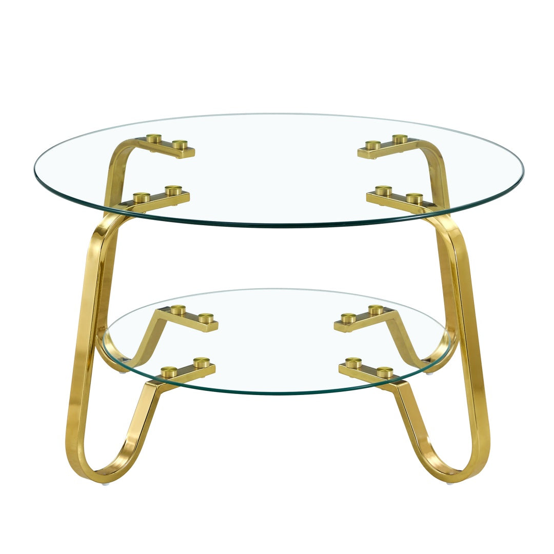 Retro Gold Metal Frame Double-Layer Glass Coffee Table - 31.5"