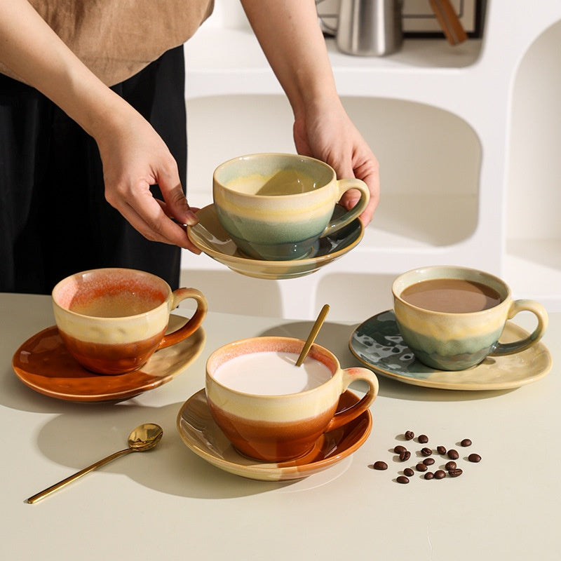 Kiln-Fired Retro-Style Ceramic Coffee Cup - Embossed Milk Mug with Optional Spoon
