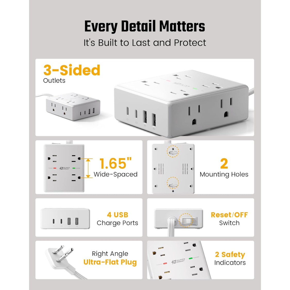 10Ft Surge Protector Power Strip with 8 Outlets & 4 USB Ports