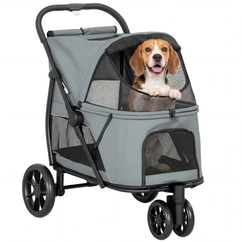 Pet Stroller for Medium Dogs - 3 Wheel Folding Canopy Mesh Window Gray