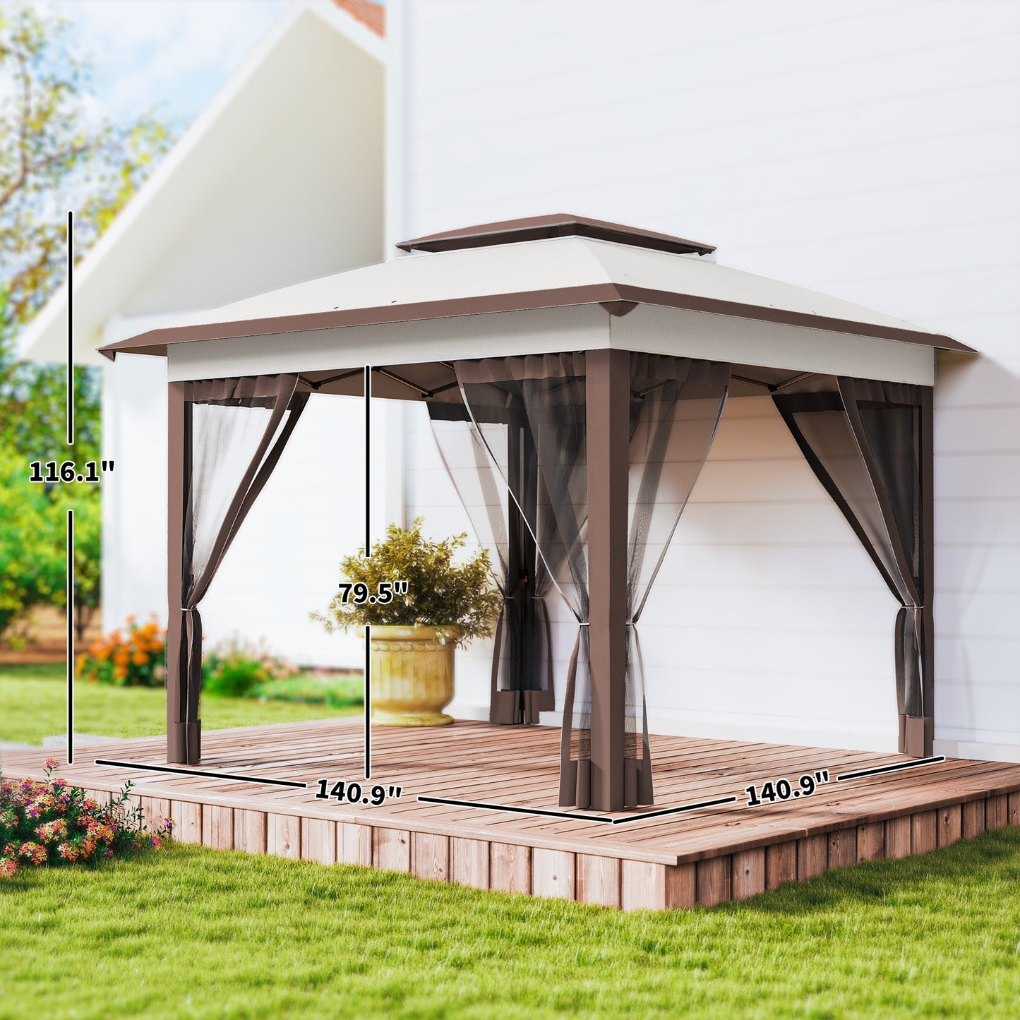 12x12 Pop-Up Canopy Tent with Mesh Sidewalls & Carry Bag - Beige/Brown