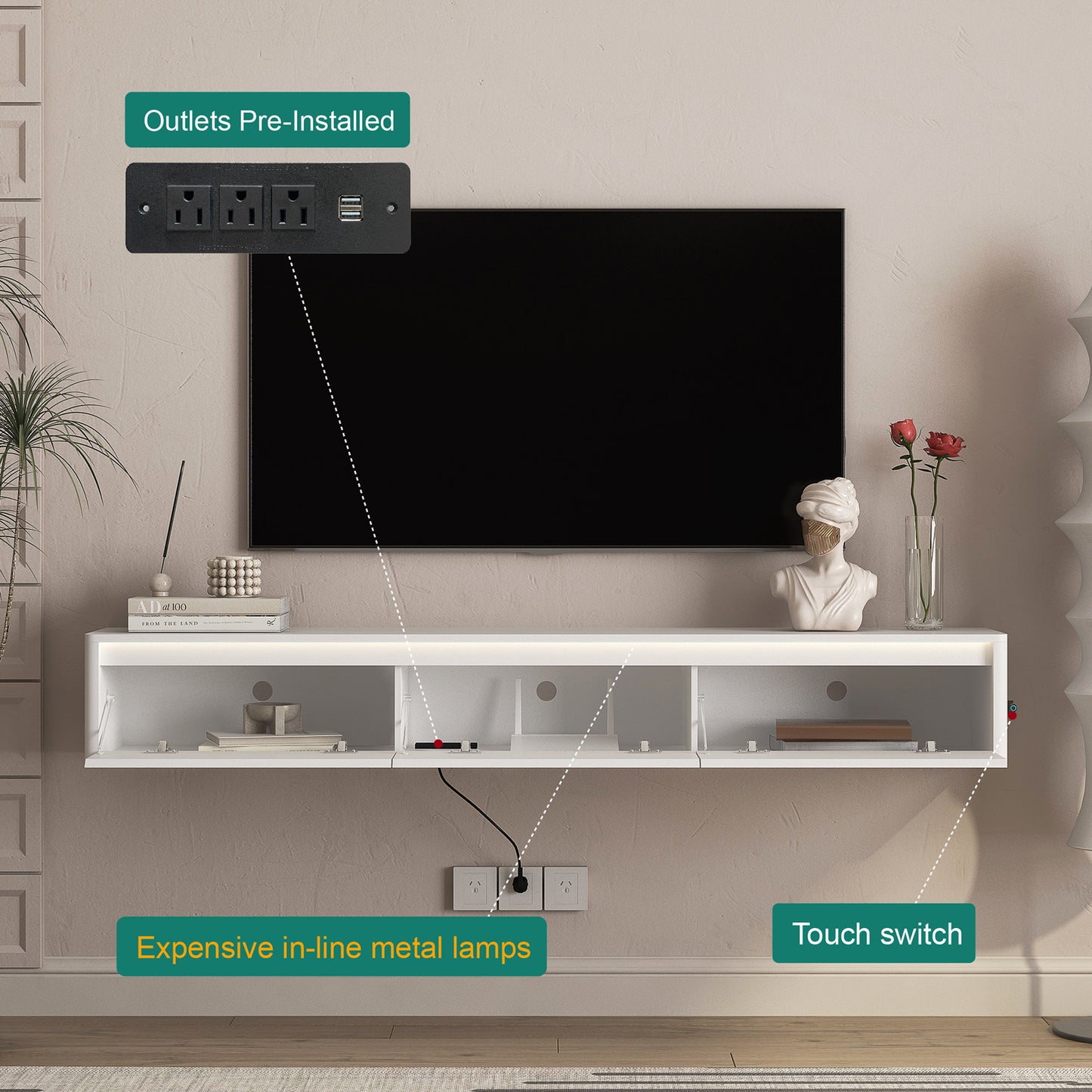 Floating TV Stand with LED Lights and Power Outlet - White