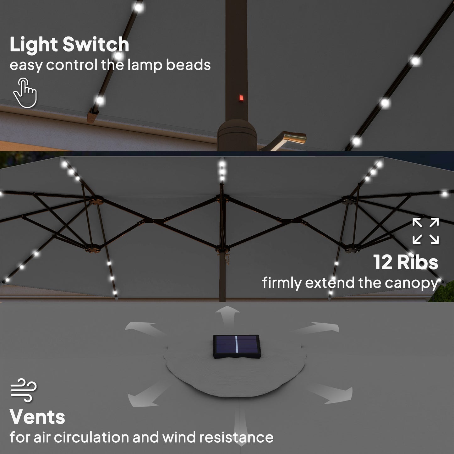 14.4ft Double-Sided Garden Parasol with Solar LED Lights - Gray