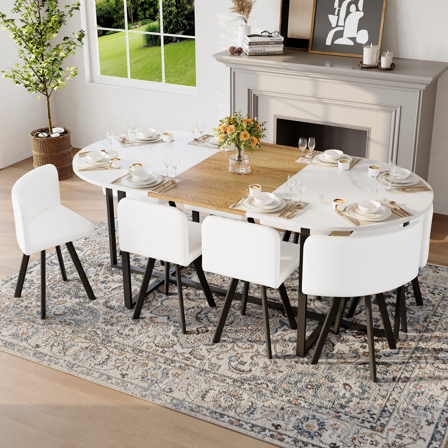 9-Piece Oval Dining Table Set, Fixed White Faux Marble & Wood Grain