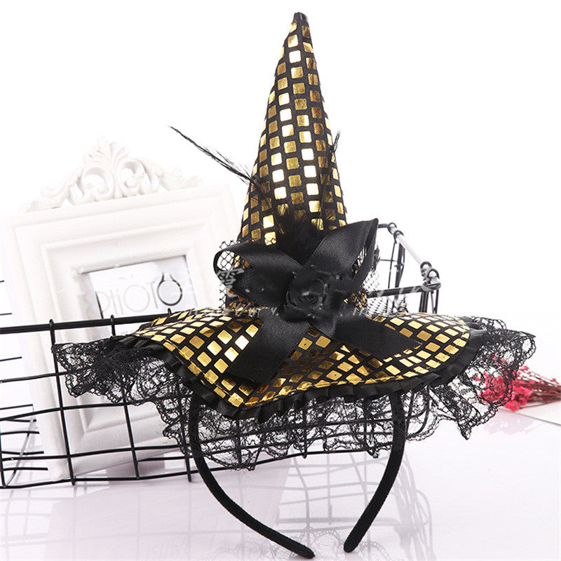 Masquerade Witch Hat Headband with Sequins & Lace