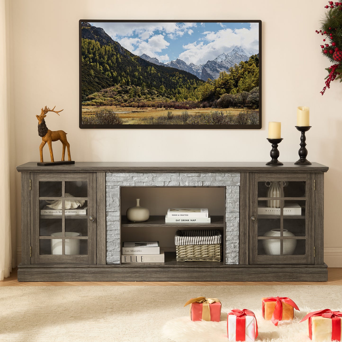 70 Modern TV Stand With 2-Door Storage, Faux Stone Media Console