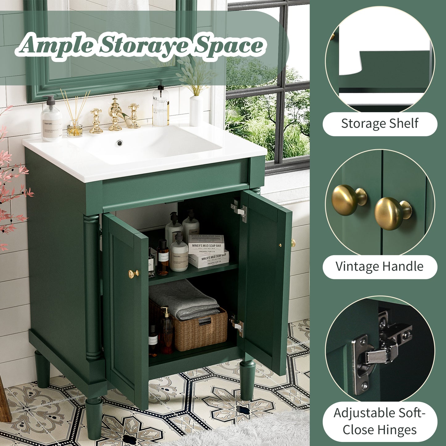 24-Inch Green Bathroom Vanity with Ceramic Sink & Storage