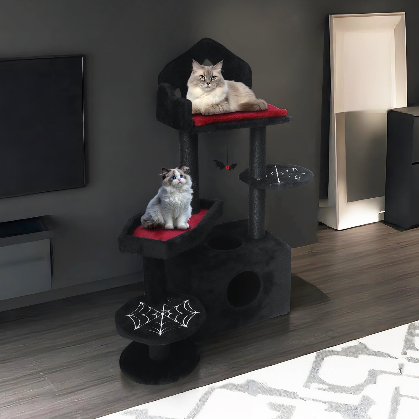 Black Gothic Cat Tree with Scratch Posts, Perches, Hammock & Cat Cave - 44.5in