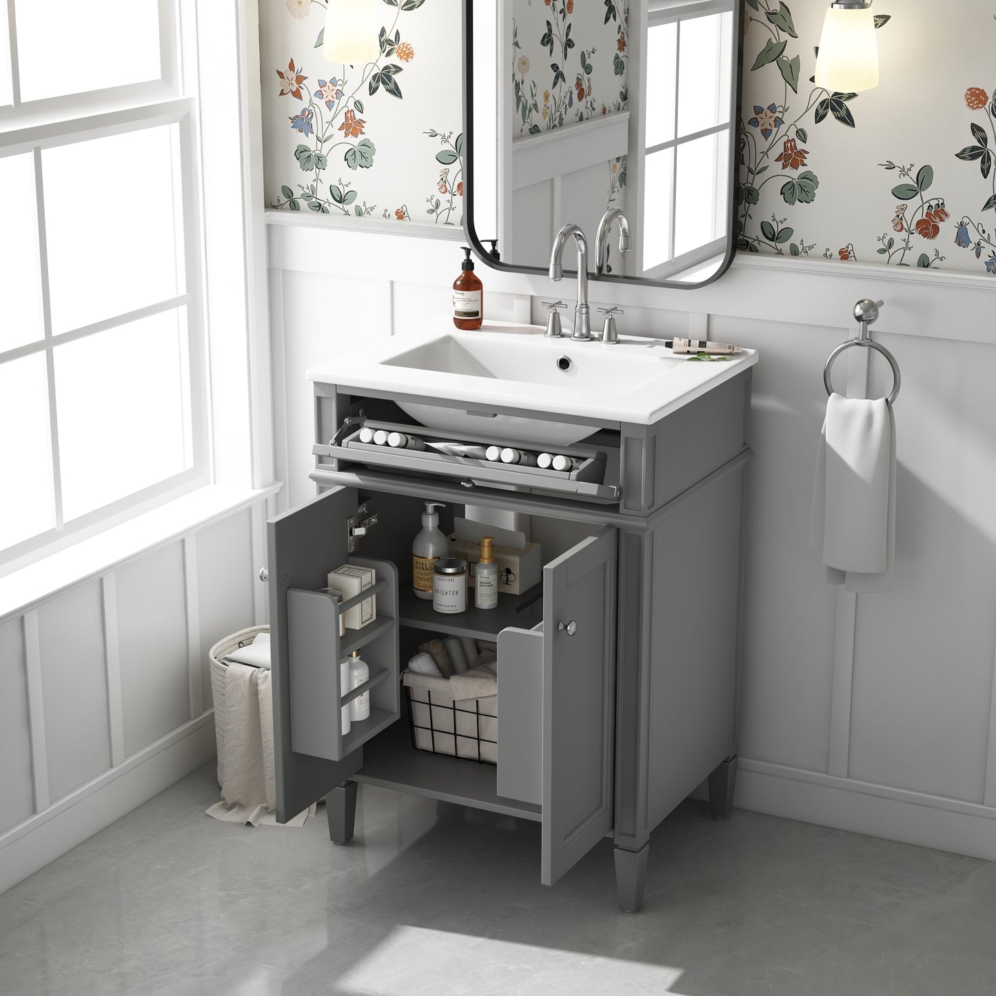 24-Inch Gray Bathroom Vanity with Soft-Closing Doors & Drawer