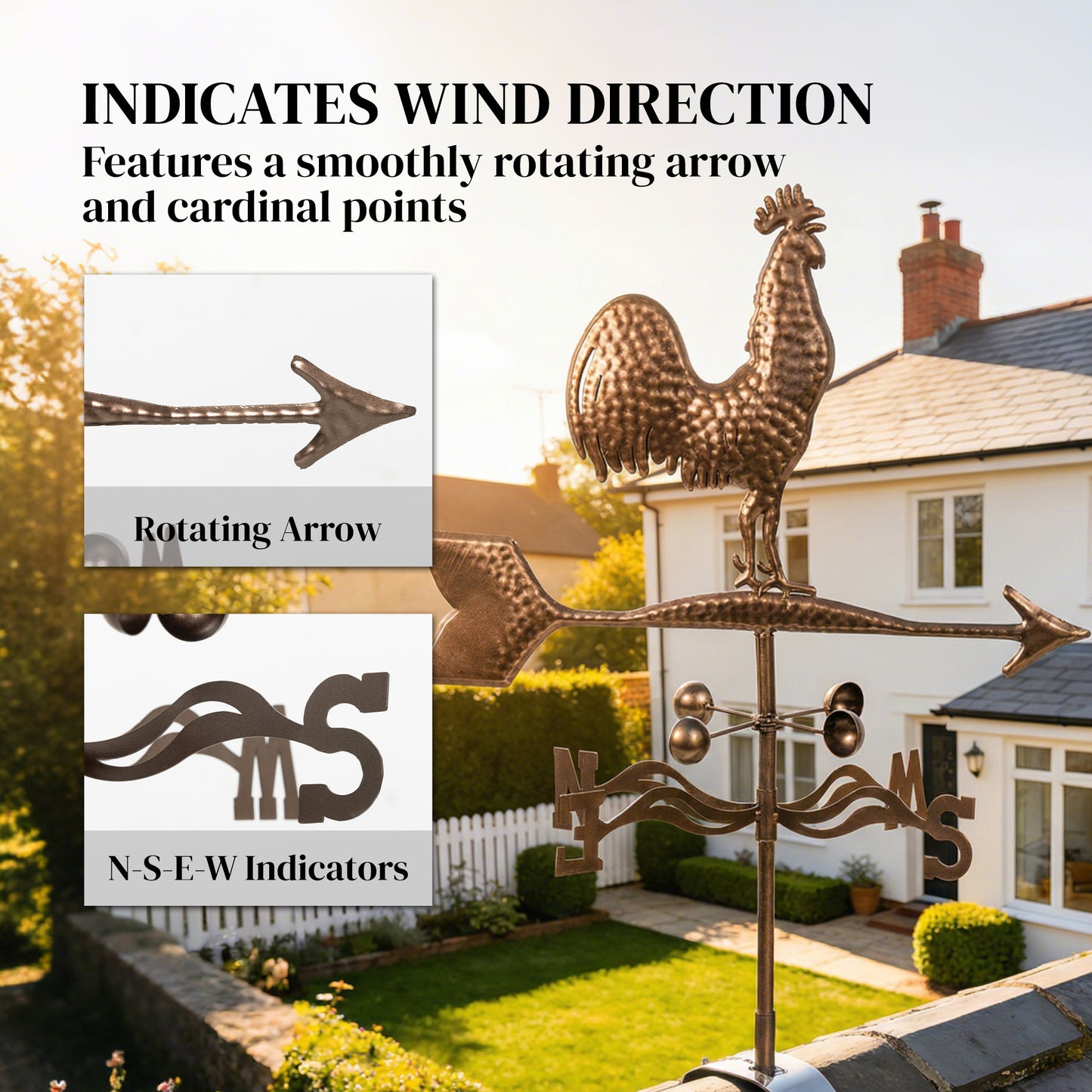 Metal Rooster Weathervane - Outdoor Roof Wind Direction Indicator