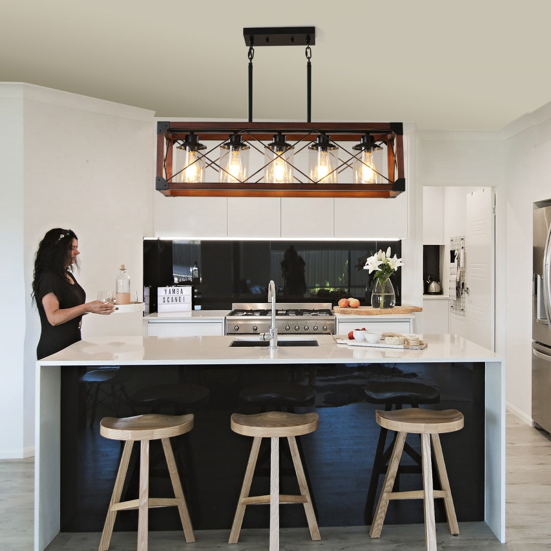 32-Inch Red Industrial Farmhouse Pendant Light - 5-Light Chandelier