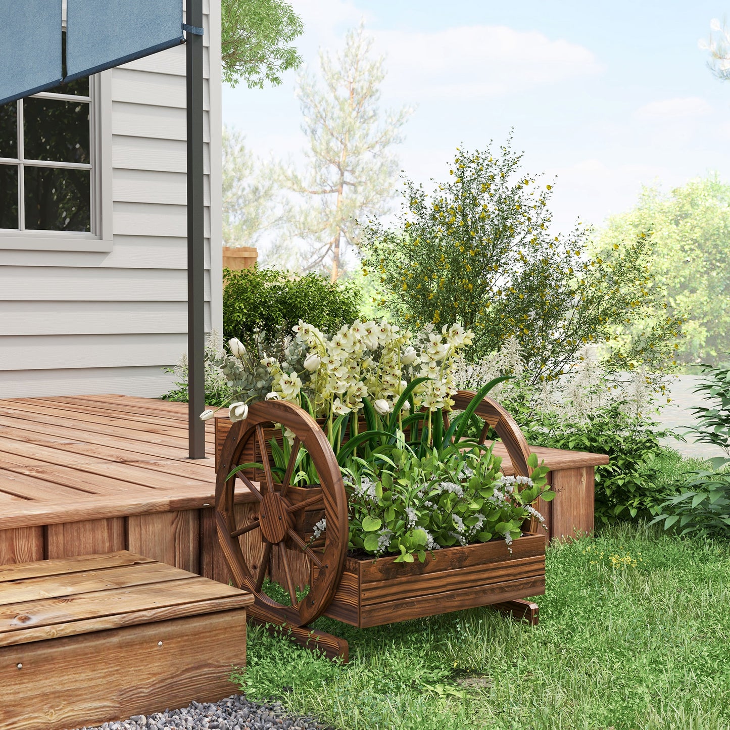 Wooden Wagon Planter Box 3-Tier Raised Garden Bed for Vegetables Flowers Herbs - Carbonized 25" x 24" x 23"