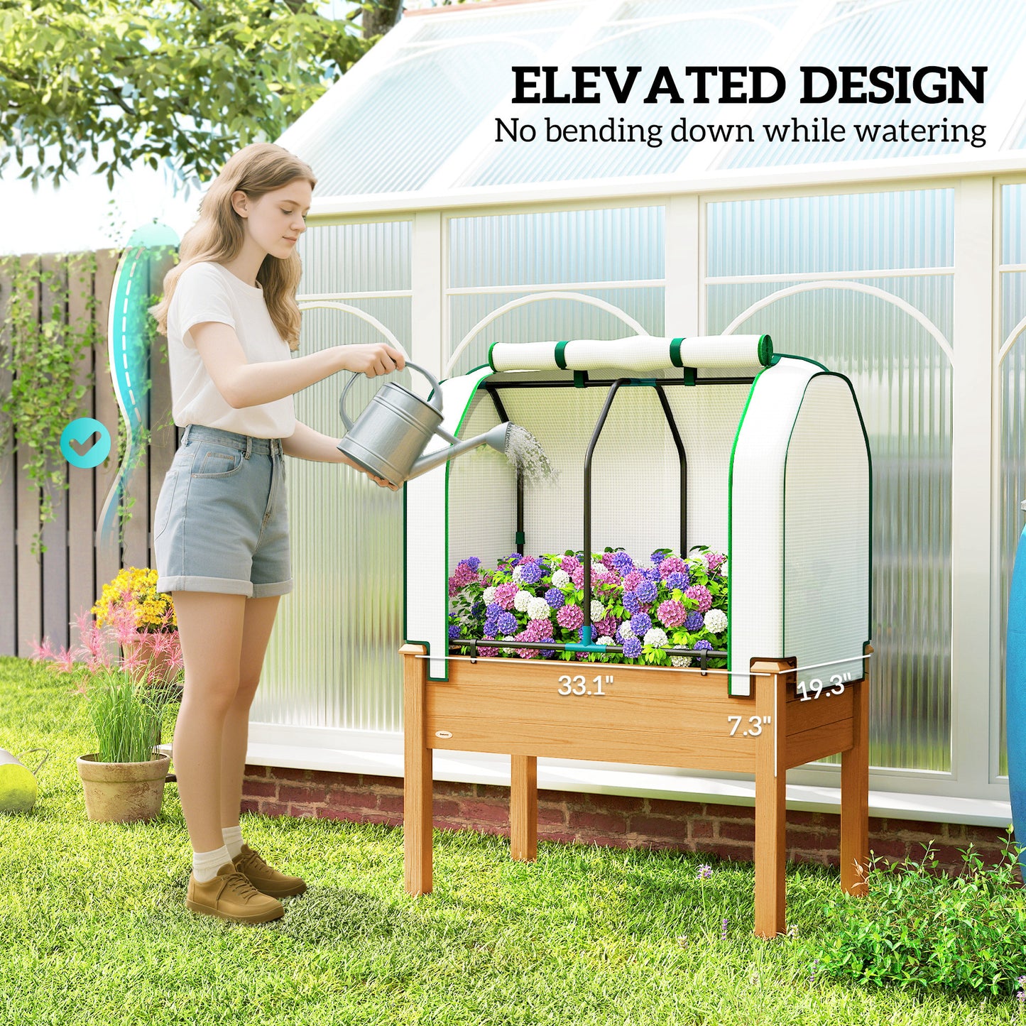 Raised Garden Bed with PE Greenhouse Cover - Outdoor Planter Box for Herbs and Vegetables, 35x22x47 Inch, Sand