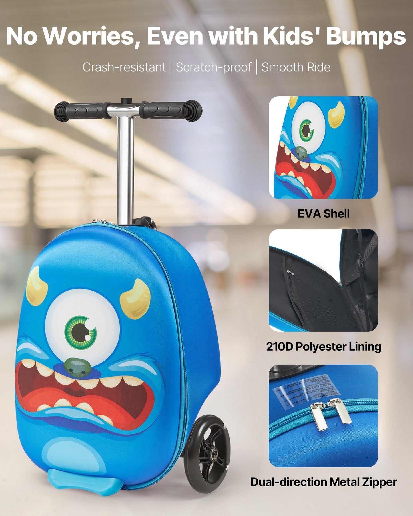 Kids Ride-On Luggage Scooter Suitcase 20-Inch Blue with Flash Wheels
