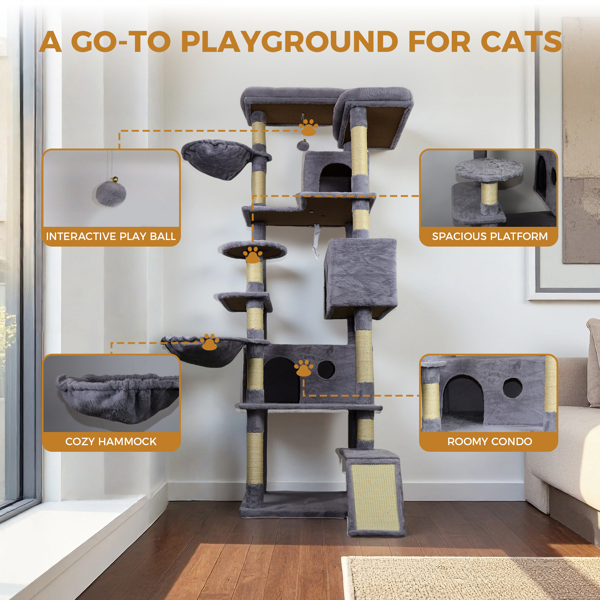 Dark Gray Cat Tree Tower with Large Condos, Sisal Scratching Posts & Interactive Toy