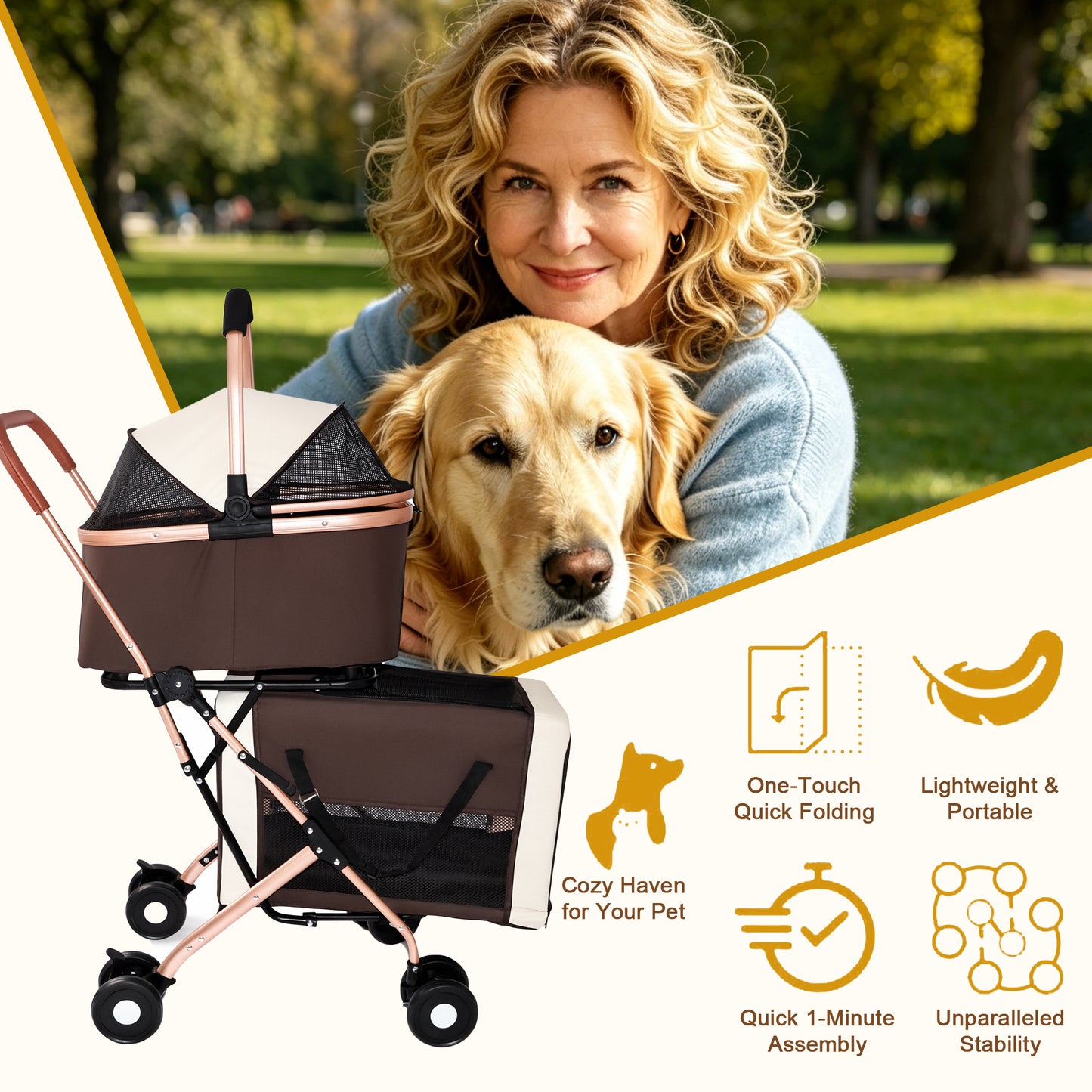 Double Pet Stroller for Dogs and Cats - Foldable, 3-in-1 Carrier with Shockproof Wheels