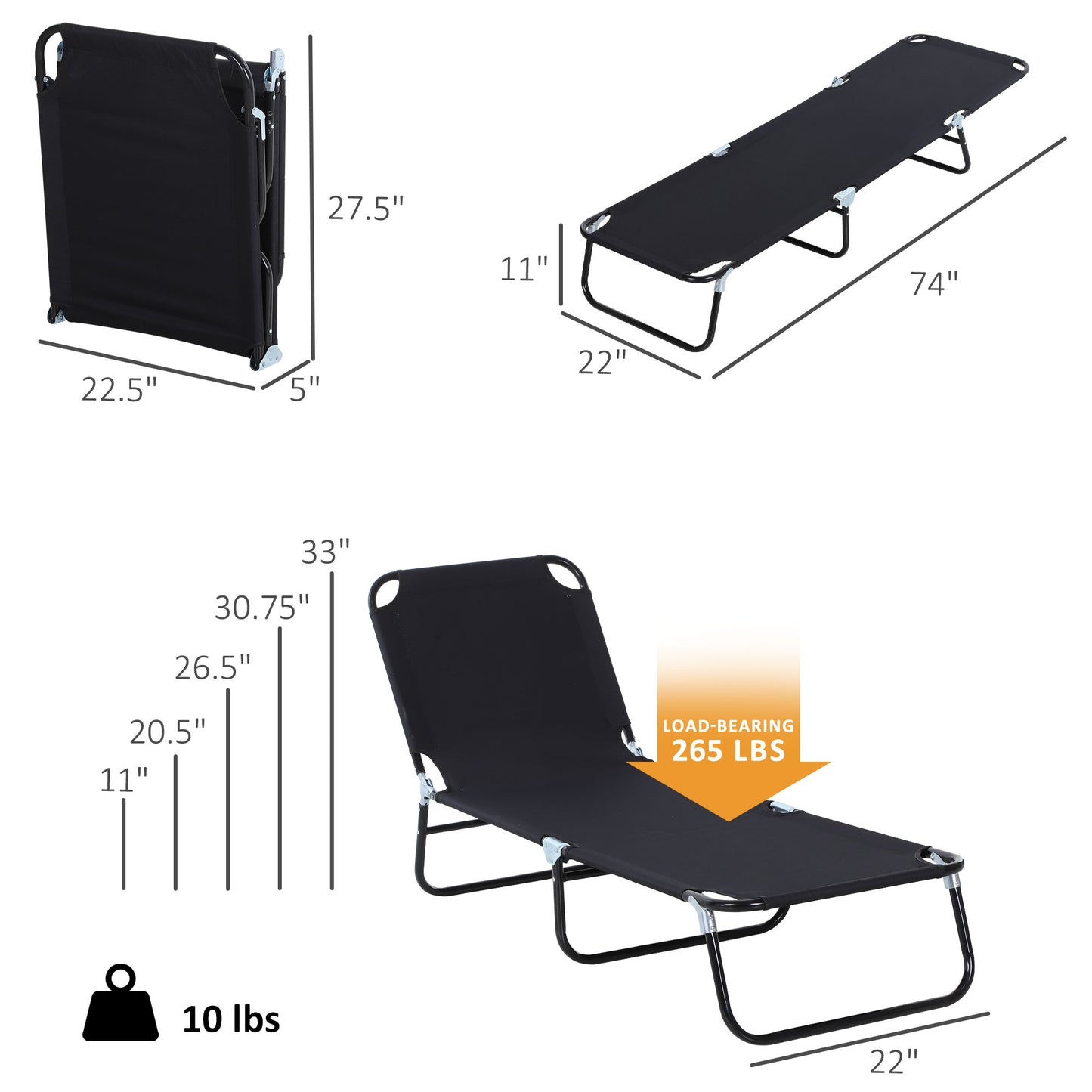 Folding Chaise Lounge Chair - 5-Level Recline, Steel Frame, Black