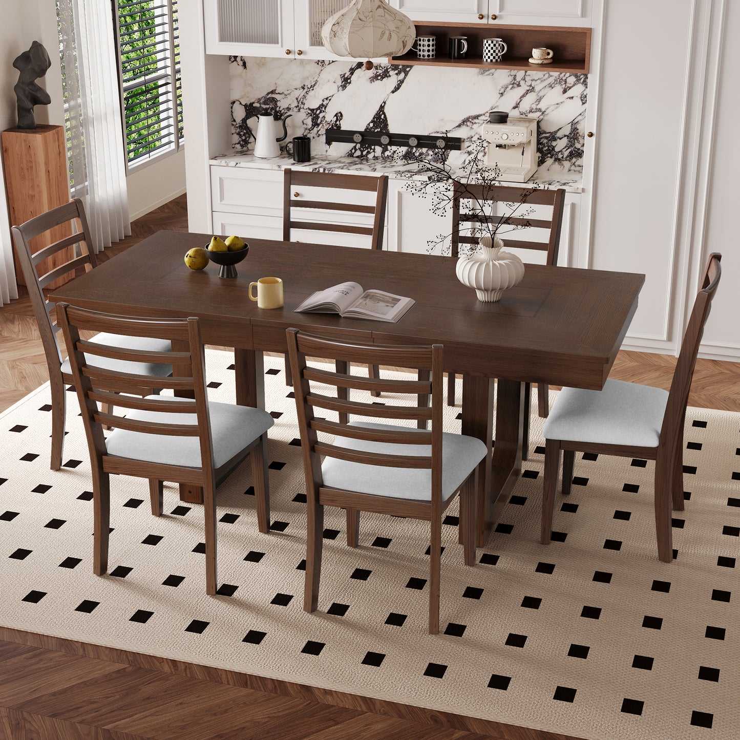 7-Piece Extendable Dining Table Set, Farmhouse With 18 Move Leaf, 78