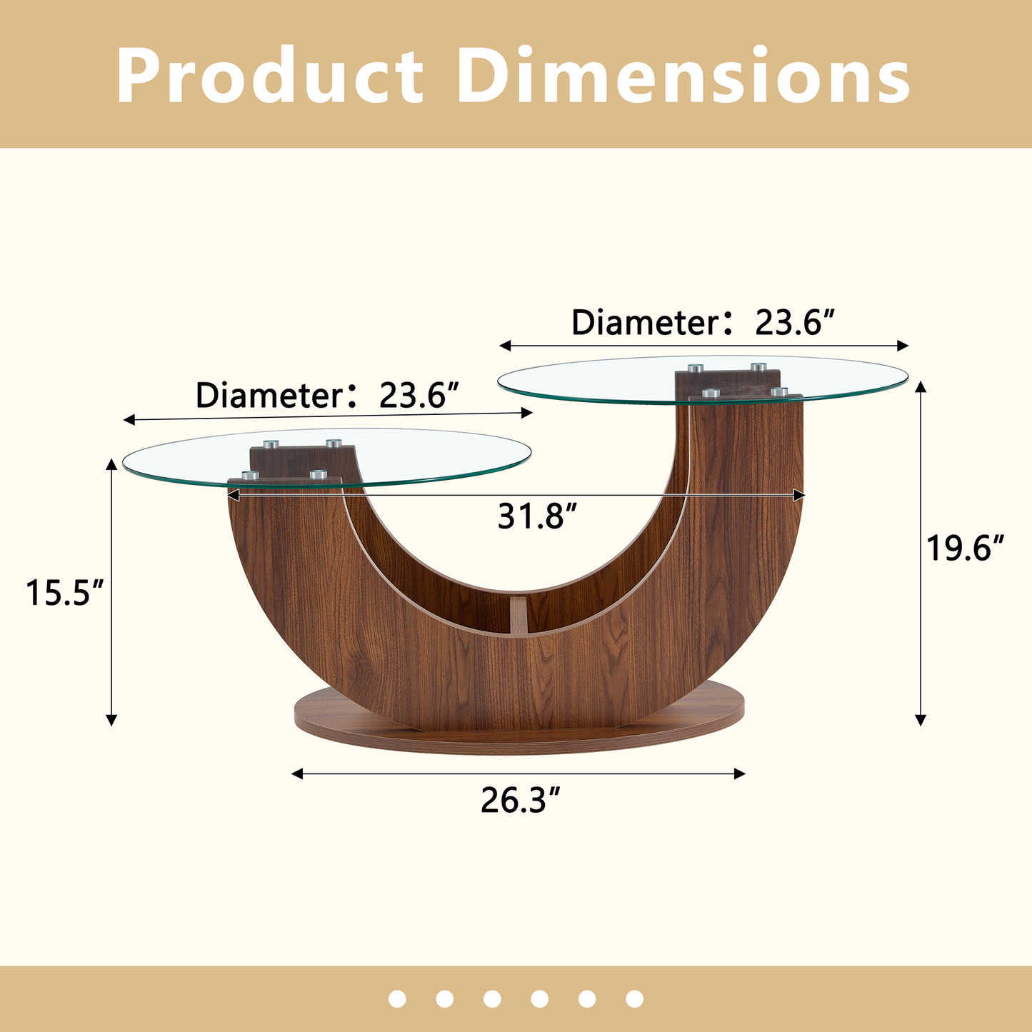 U-Shaped Double-Tier Glass Coffee Table with Walnut MDF Base