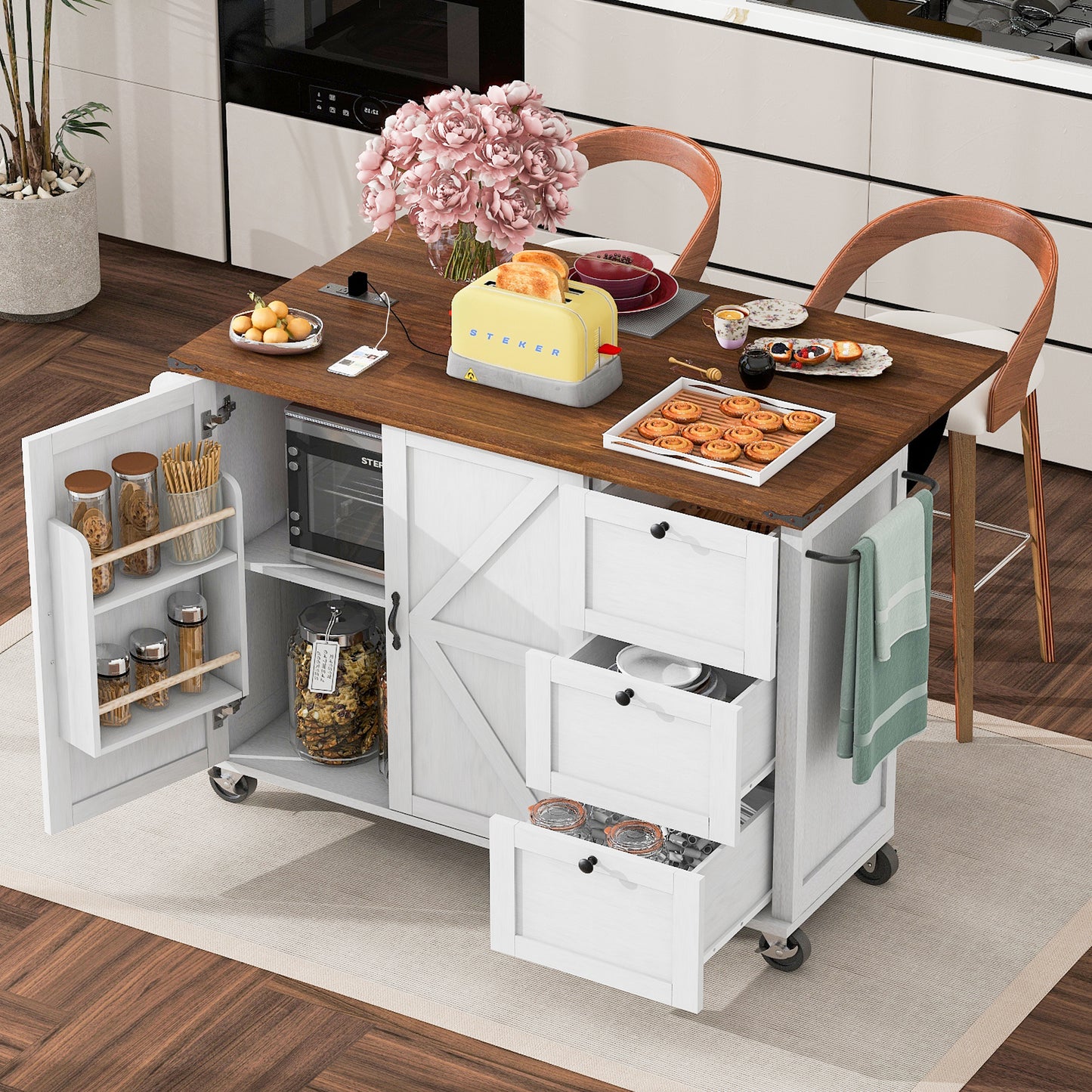 54.5 Farmhouse Kitchen Island With Power Outlet,Kitchen Storage