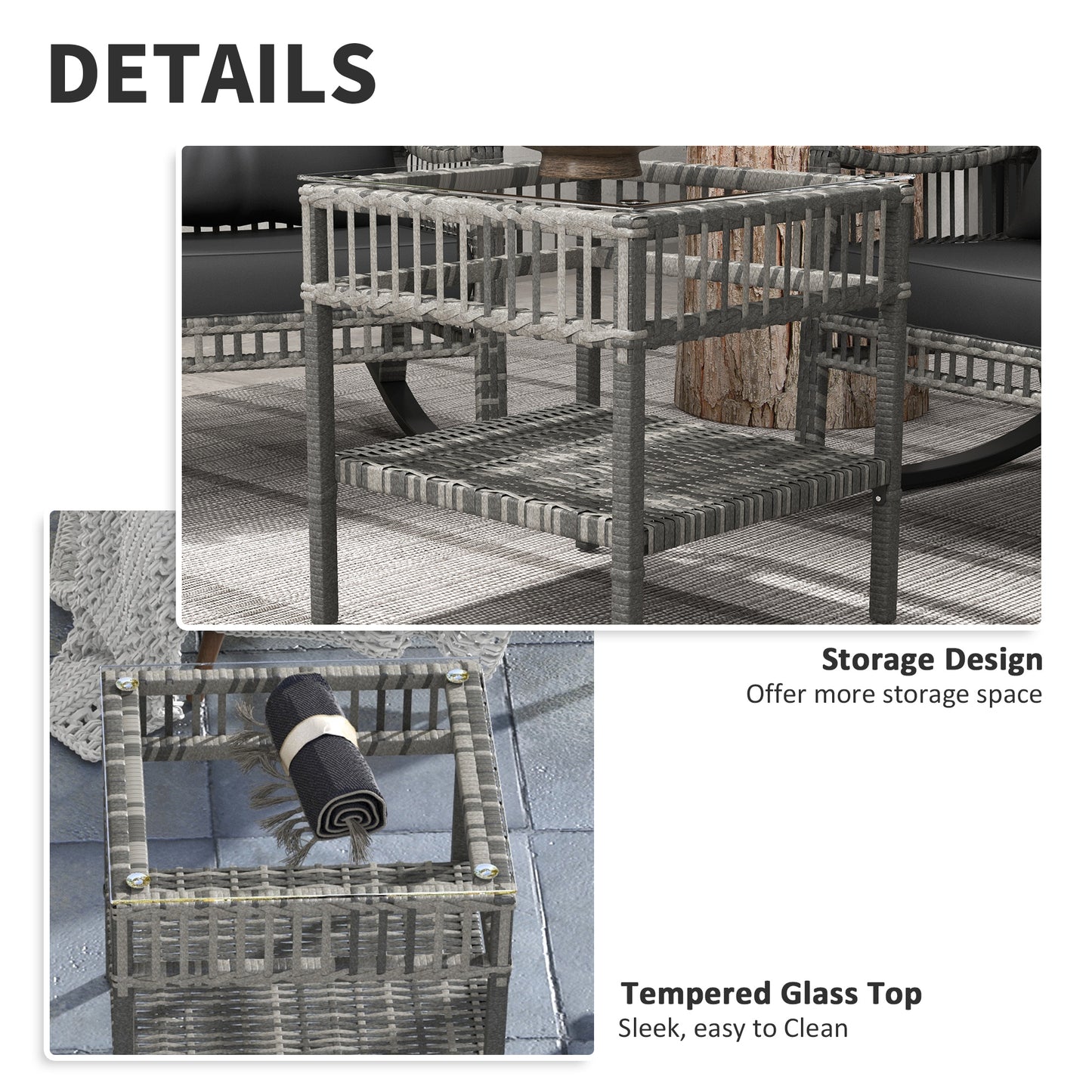 3-Piece Outdoor Rattan Rocker Chair Set with Glass Table - Gray