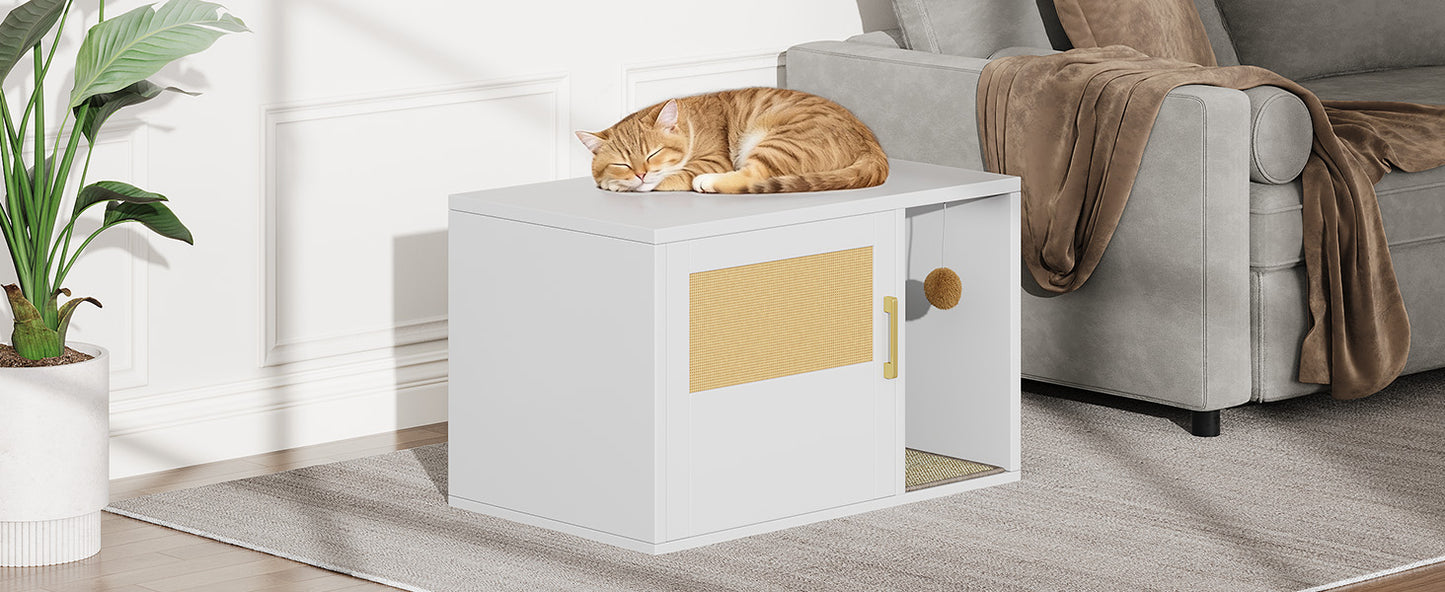 Multifunctional Cat Litter Box Cabinet with Odor Control & Side Table - White