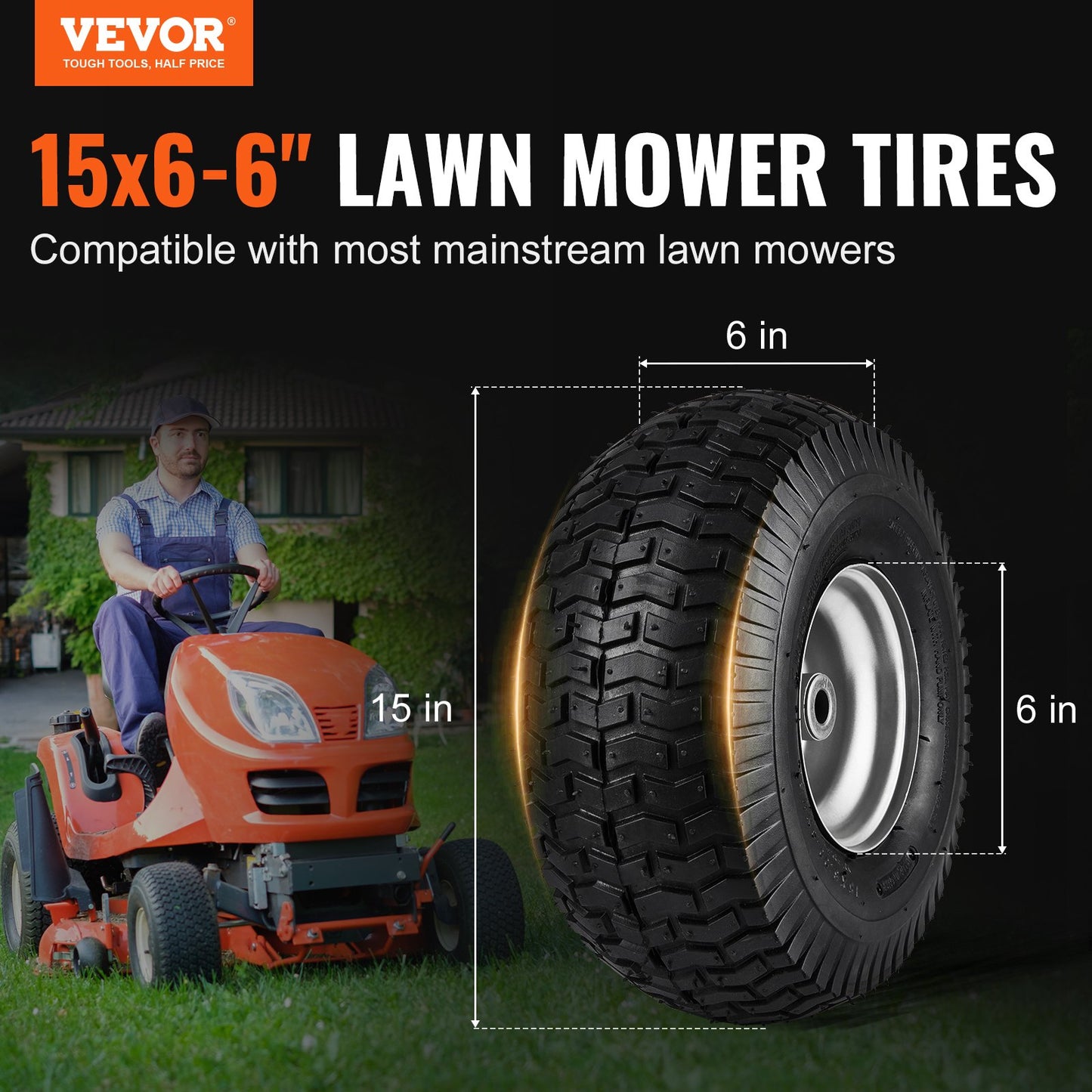 15x6 Lawn Mower Tires 2-Pack with Wheel Assemblies for Lawn Tractors