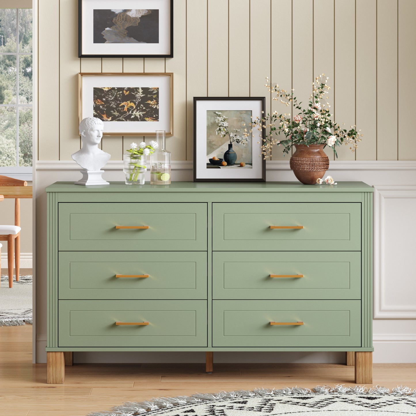 6-Drawer Double Dresser - Sage Green Modern Storage Cabinet