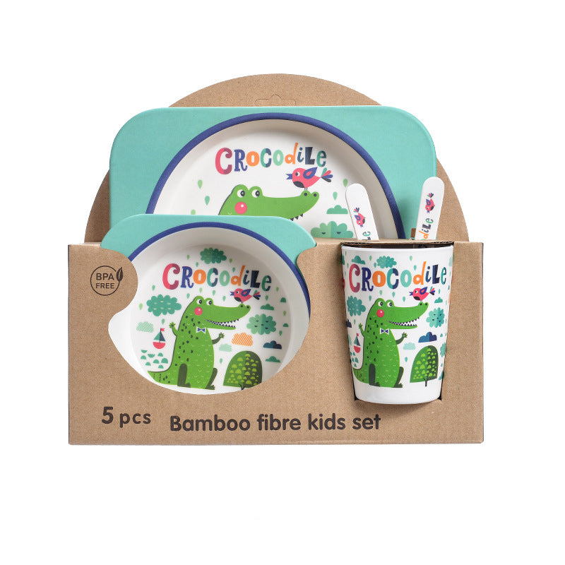 Baby Bamboo Tableware Set 5pcs - Cartoon Childrens Dinnerware for Kids