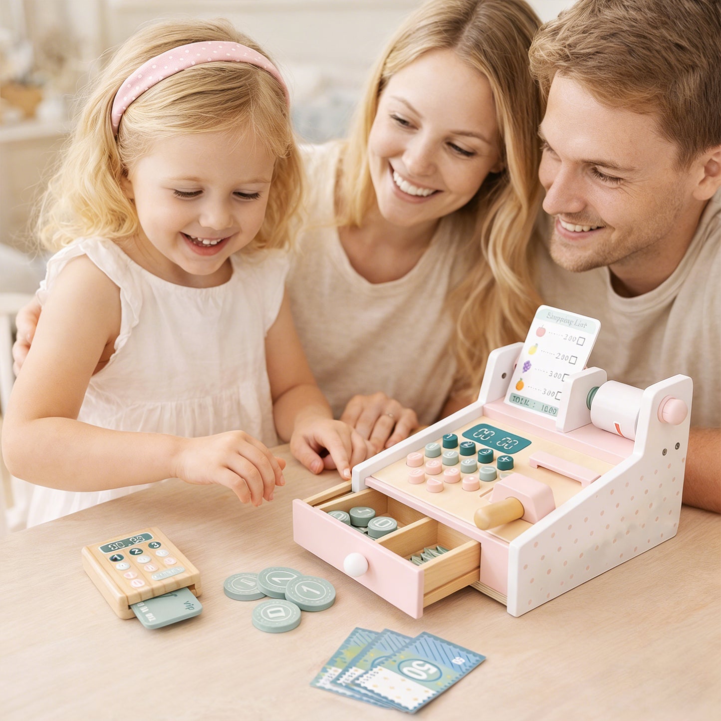 Wooden Toy Cash Register With Scanner Math Learning Role Play Cashier