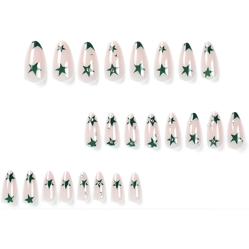 Long Press-On Nail Tips - Green Star Design, 24 Piece Set