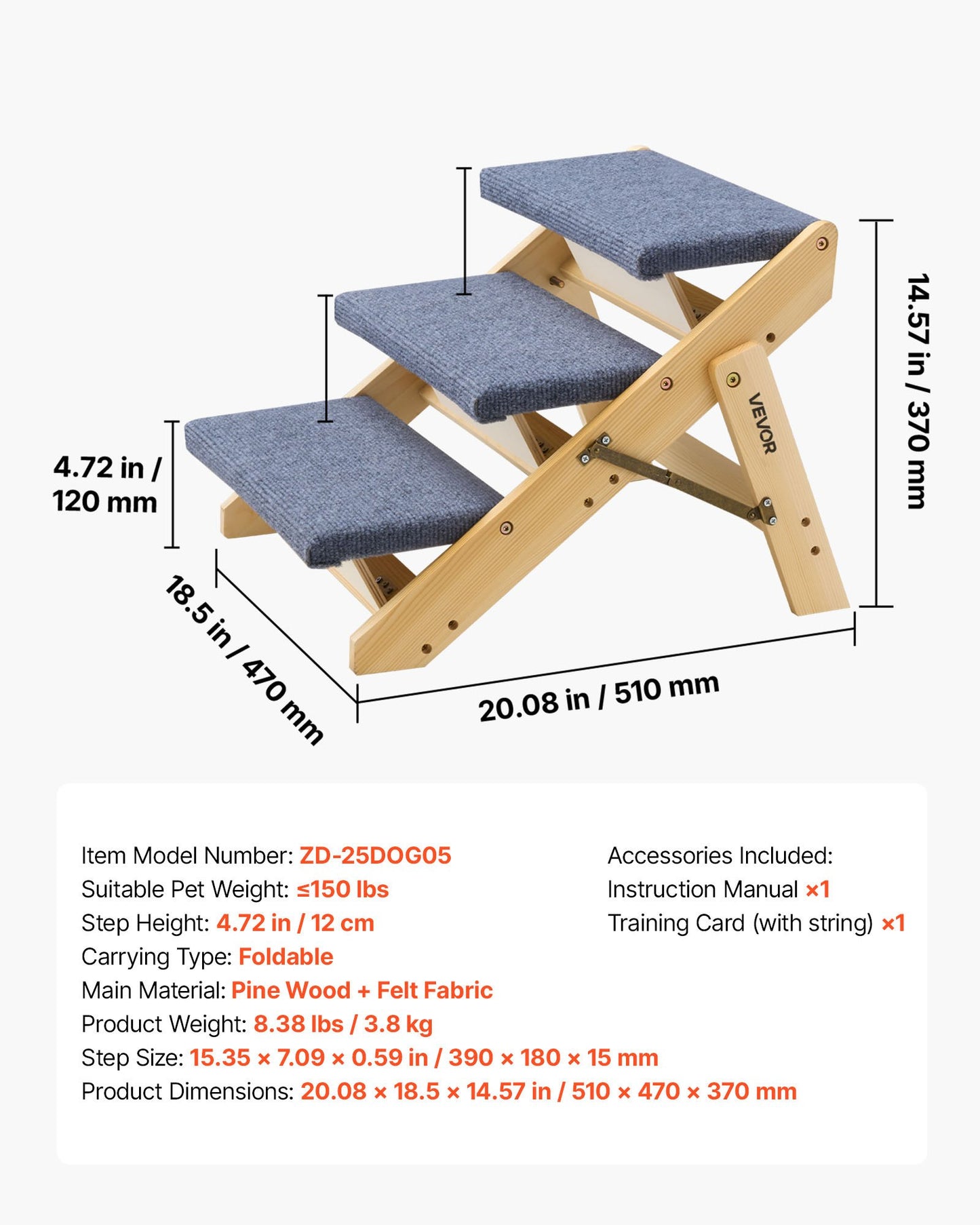 Wood Pet Stairs for Dogs and Cats - 3-Step Foldable Pet Ladder with Non-Slip Surface