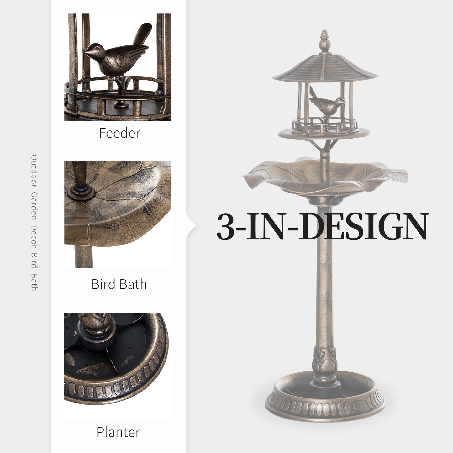 3-in-1 Garden Bird Bath with Feeder & Planter - Bronze