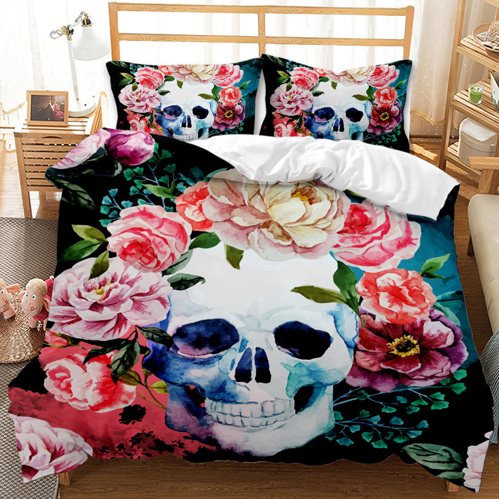 Three-Piece Skull Duvet Cover Set Modern Floral Bedding for Bedroom