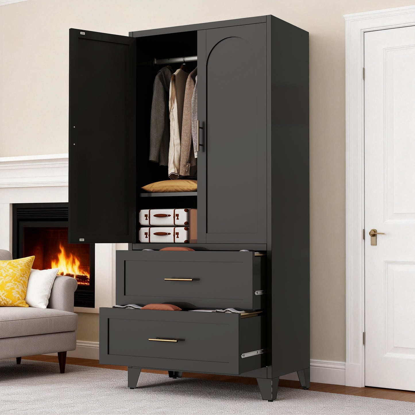 71" Tall Metal Wardrobe Cabinet with 2 Drawers & Shelf - Black