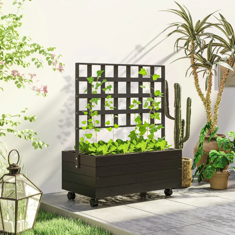 Raised Garden Bed with Trellis and Wheels - Wooden Outdoor Planter