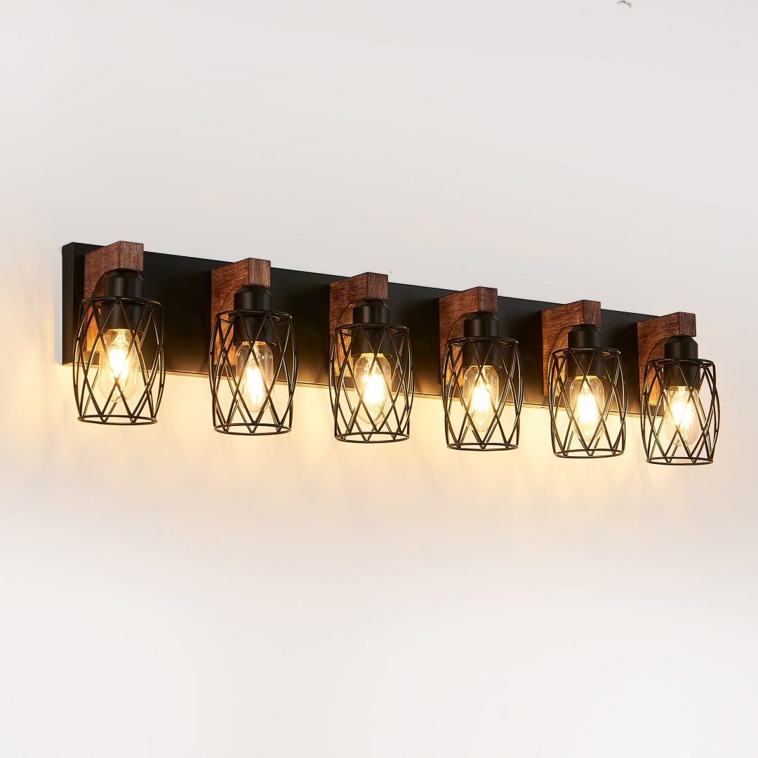 Industrial Vintage 6-Light Wall Sconce - Black Metal & Wood Accent