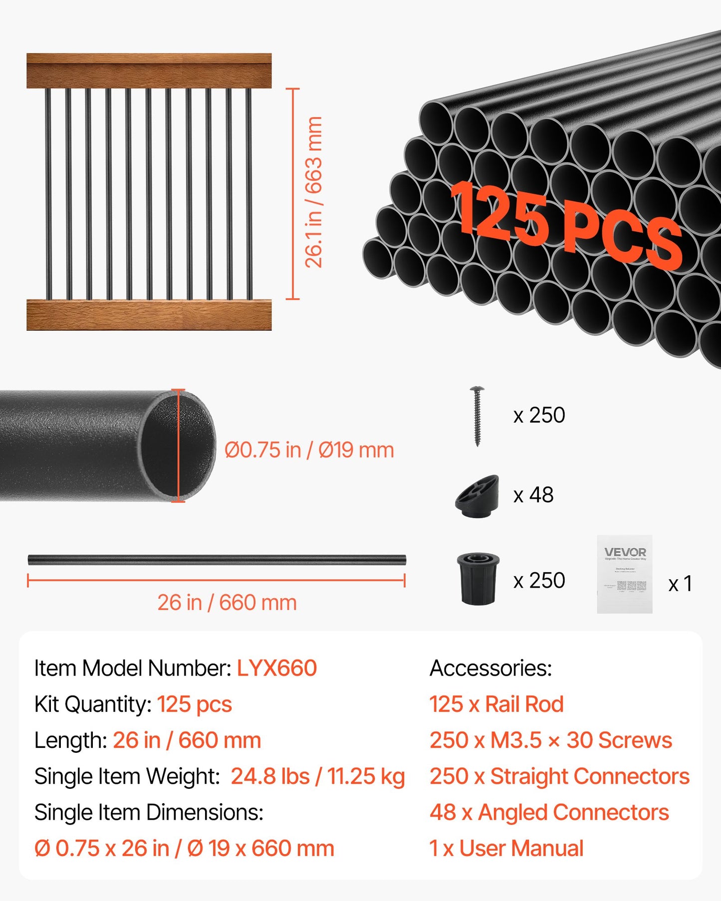 125 Pack Aluminum Deck Balusters - Black, 3/4 in Diameter for Railing & Staircase