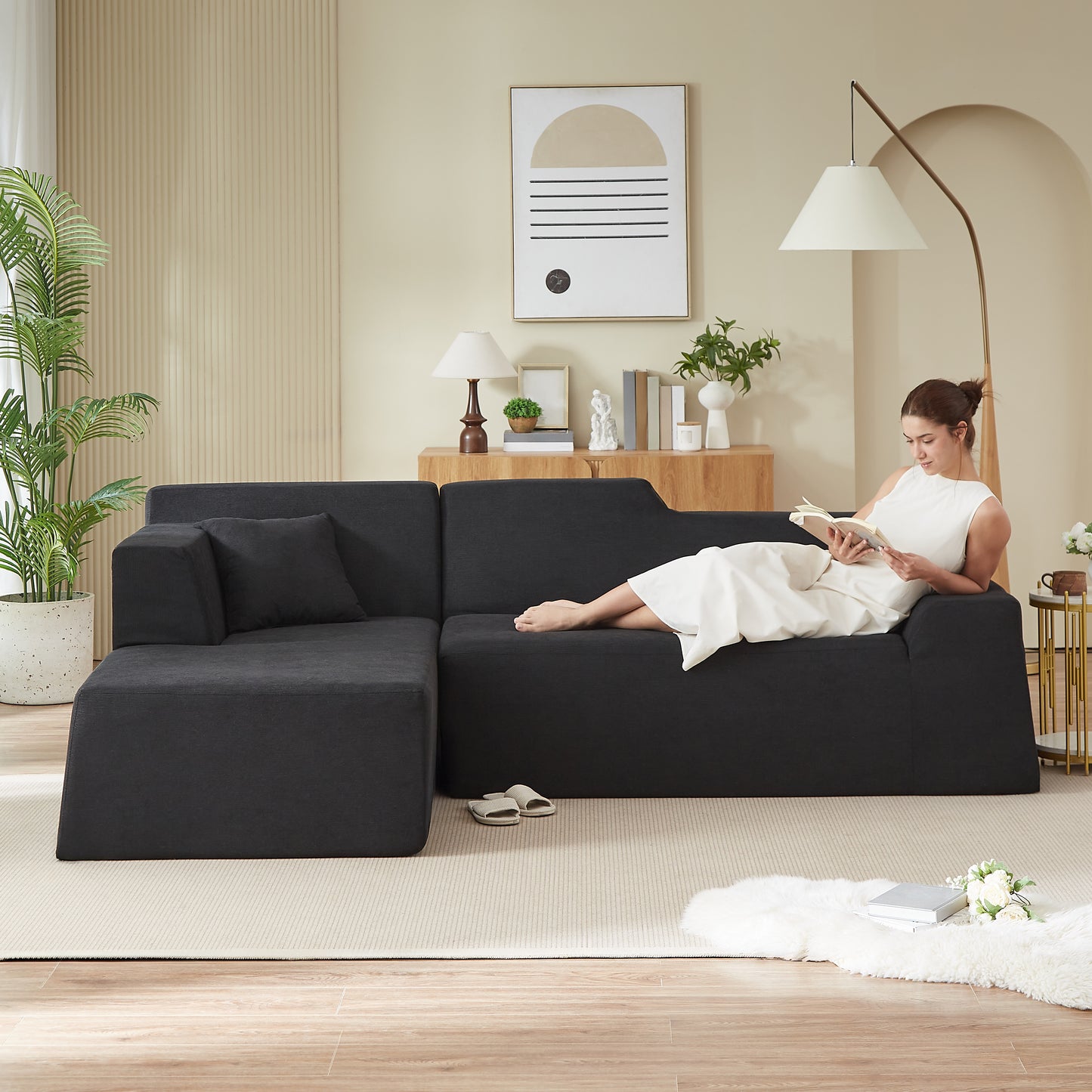 L-Shaped Corduroy High Back Sofa - Modern Minimalist Design, Black