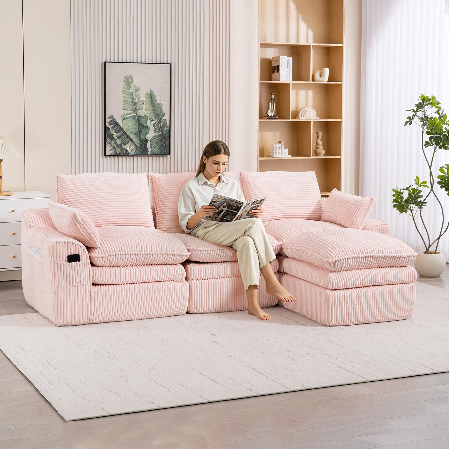 L-Shaped Modular Sectional Sofa - Pink Corduroy with Footstool