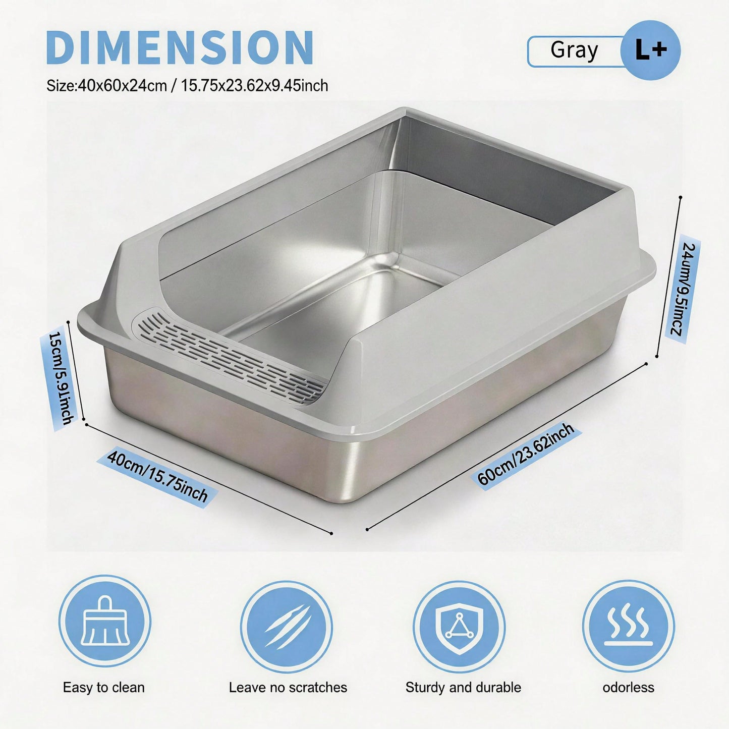 Stainless Steel Cat Litter Box Large Open Top Anti Splash & Odor Resistant