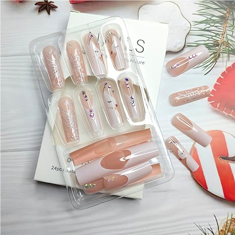 24 PCS Snowflake Press-On Nails - Long Square Artificial Nail Tips Set